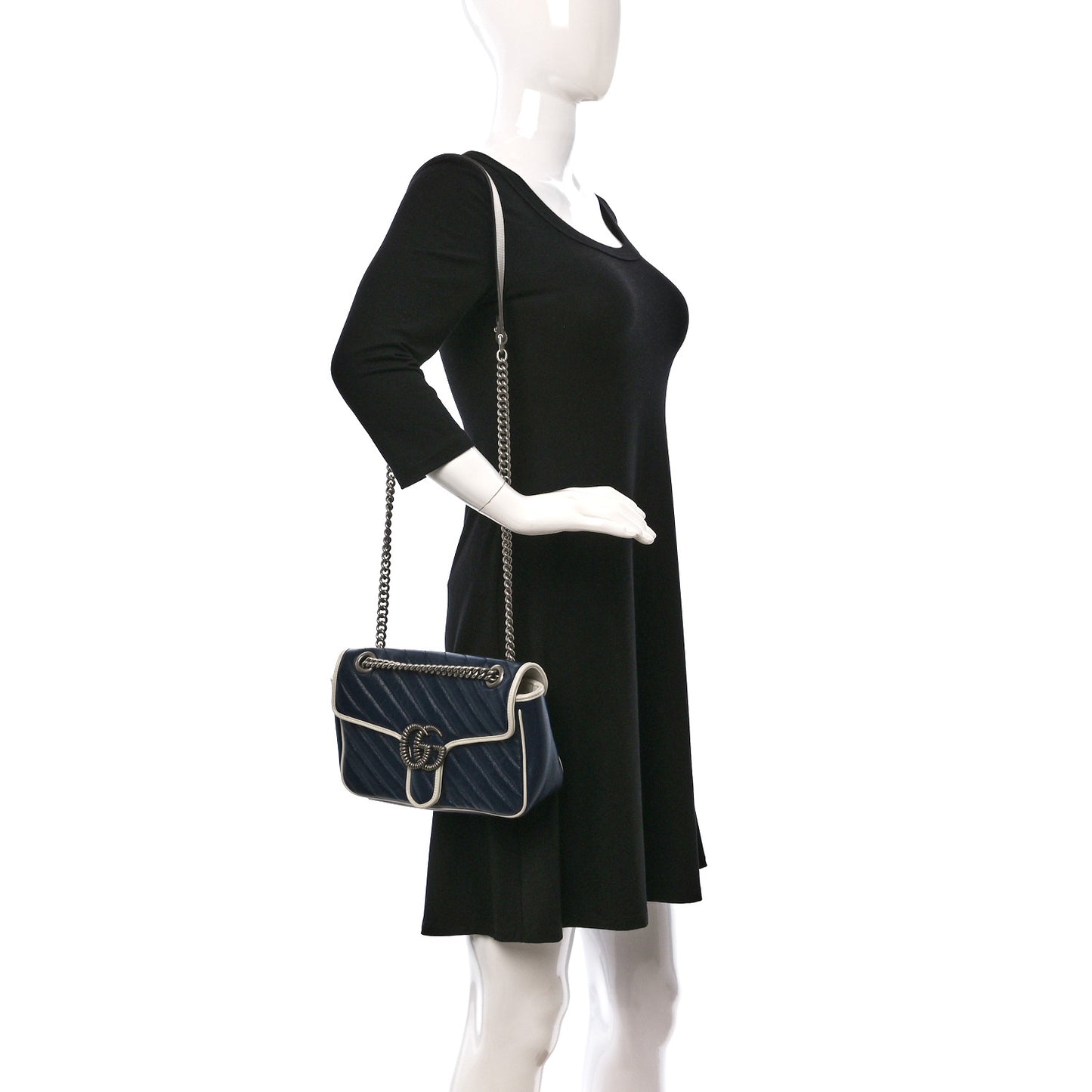 Vintage Effect Calfskin Matelasse Diagonal Small Torchon GG Marmont Shoulder Bag Blue Agata Mystic White