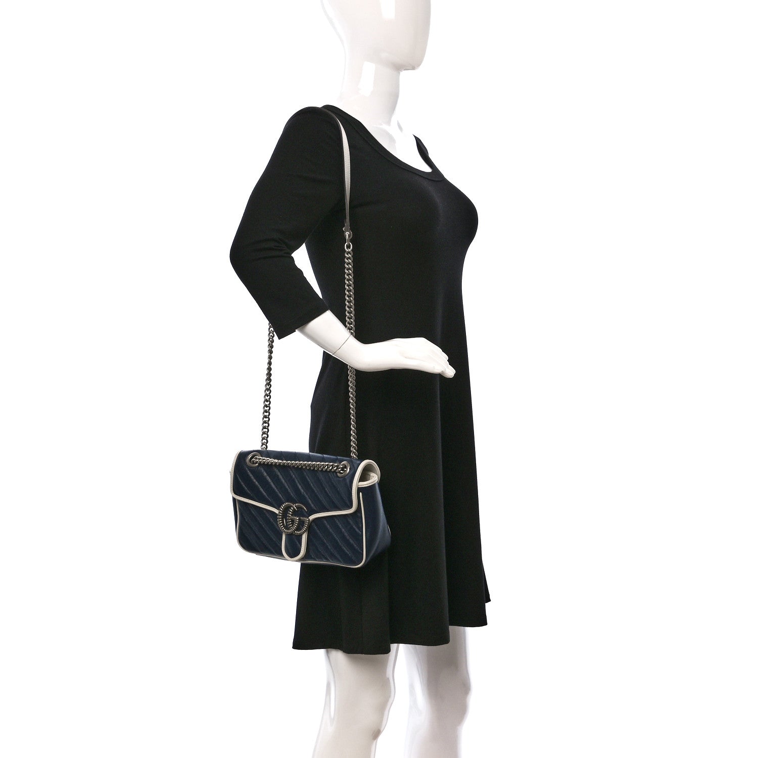 Gucci Vintage Effect Calfskin Matelasse Diagonal Small Torchon GG Marmont Shoulder Bag Blue Agata Mystic White 2 of 9