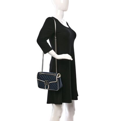 Gucci Vintage Effect Calfskin Matelasse Diagonal Small Torchon GG Marmont Shoulder Bag Blue Agata Mystic White 2 of 9