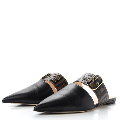 Fendi Vitello FF Embossed Pearland Buckle Flat Mules 39 Maya Black 3 of 11