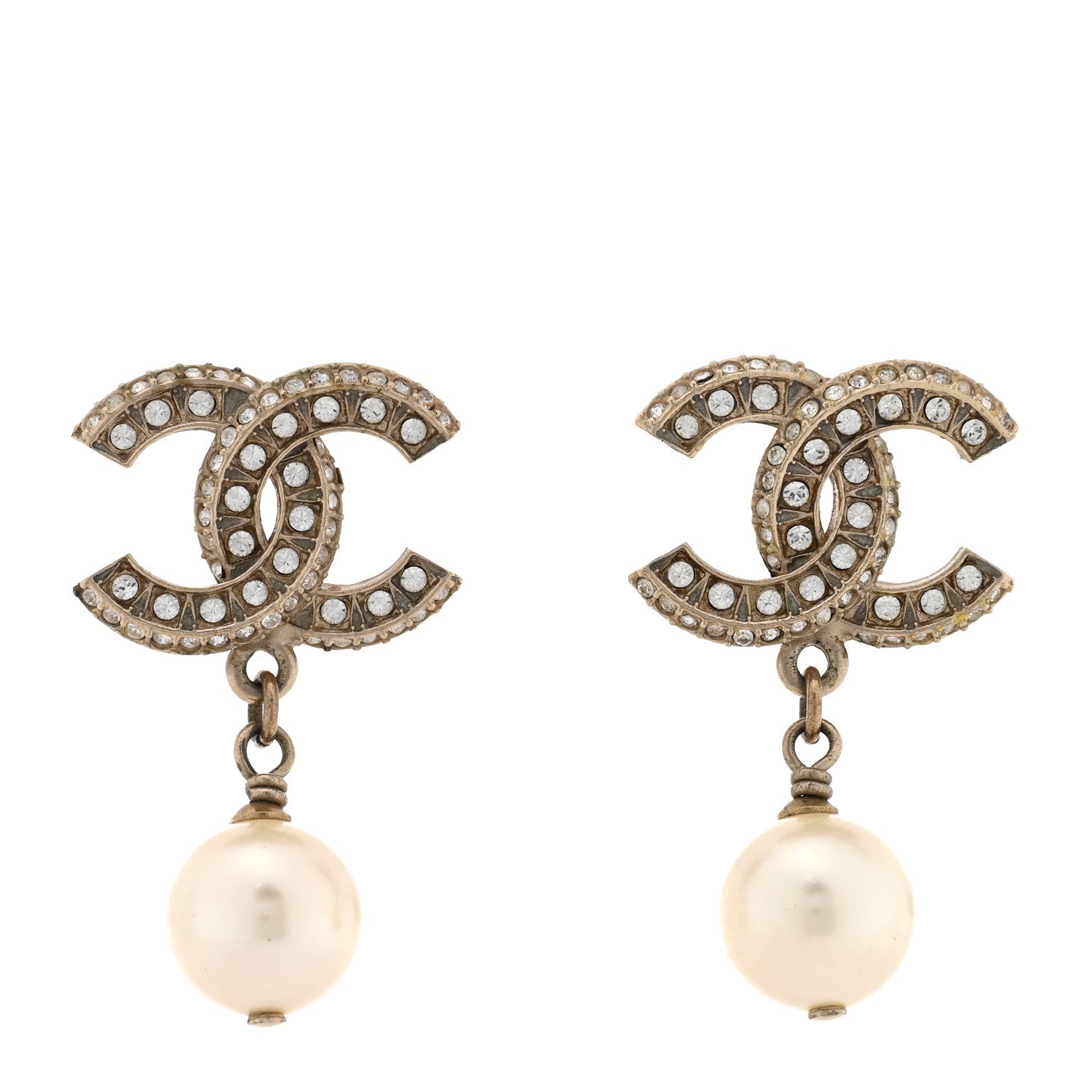 Chanel Crystal Timeless CC Pearl Drop Earrings Light Gold 1 of 4