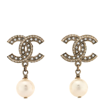 Chanel Crystal Timeless CC Pearl Drop Earrings Light Gold 1 of 4