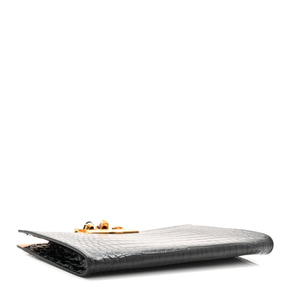 Alexander McQueen Calfskin Crocodile Embossed Knuckle Flat Clutch Black Gold 7 of 18