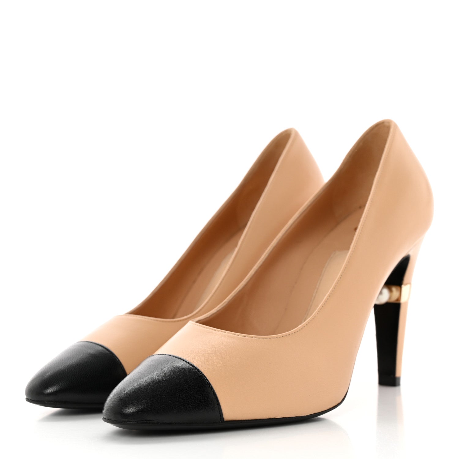 Chanel Lambskin Cap Toe Pearl Pumps 38.5 Beige Black 3 of 15