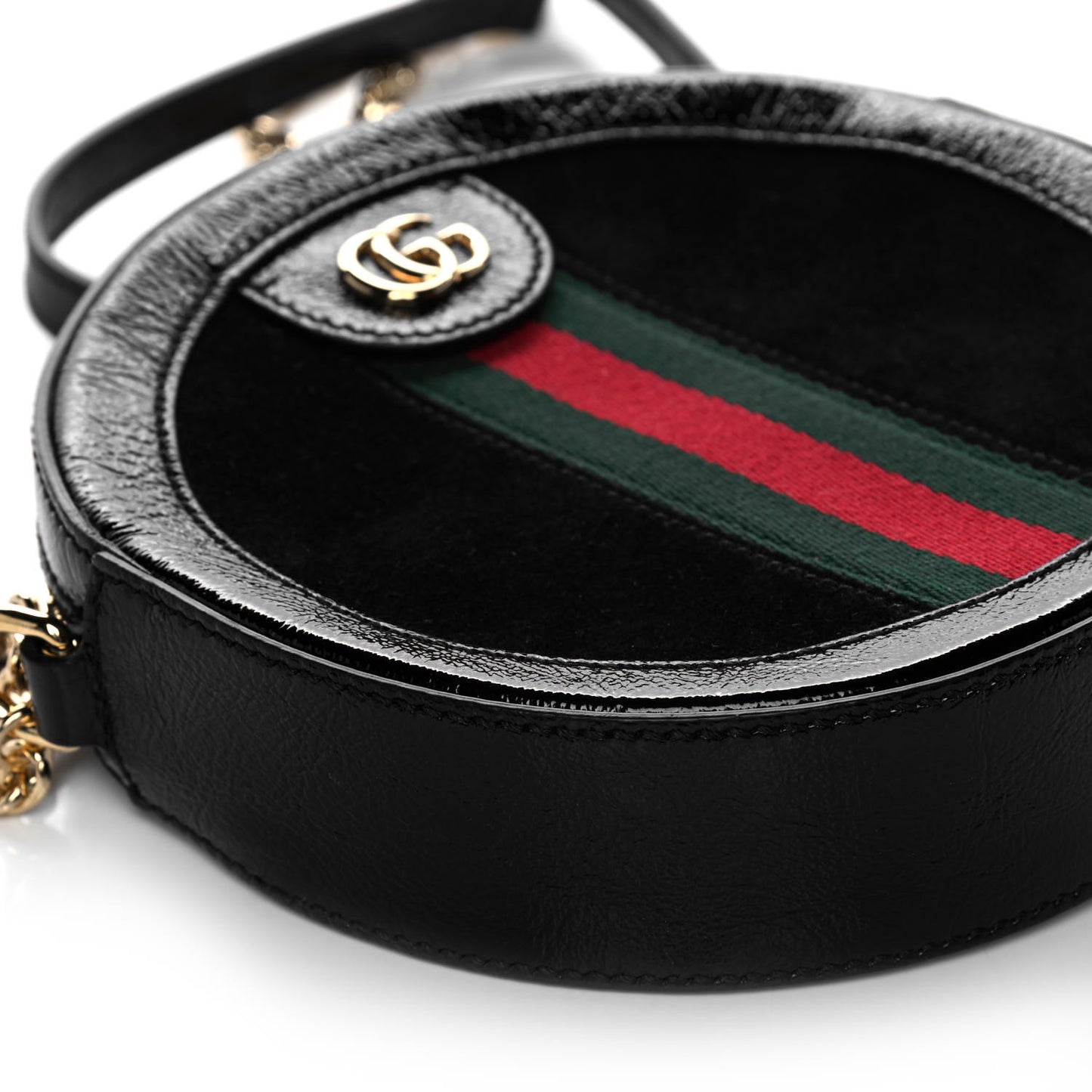 Suede Patent Web Mini Ophidia Round Shoulder Bag Black
