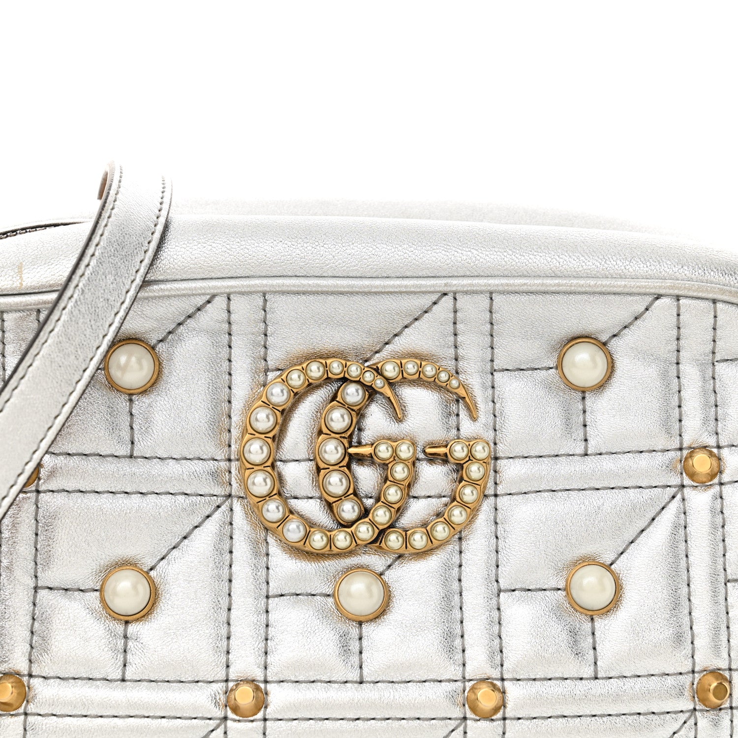 Gucci Metallic Calfskin Matelasse Studded Small Pearly GG Marmont Chain Shoulder Bag Silver 8 of 14
