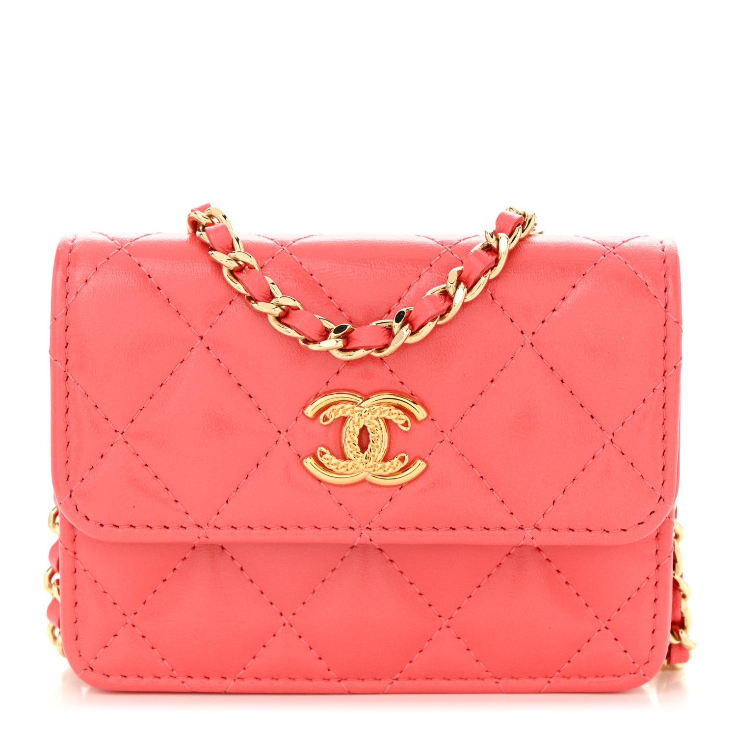 Chanel Shiny Lambskin Quilted Card Holder On Chain Pink 1 of 10