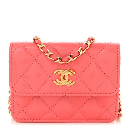 Chanel Shiny Lambskin Quilted Card Holder On Chain Pink 1 of 10