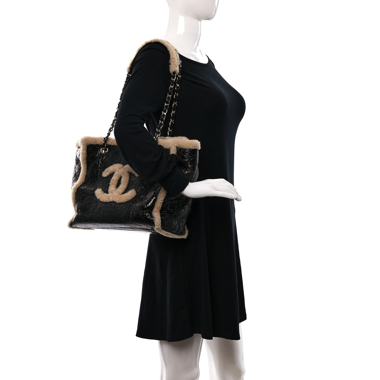 Shiny Crumpled Sheepskin Shearling CC Mania Tote Bag Black Beige