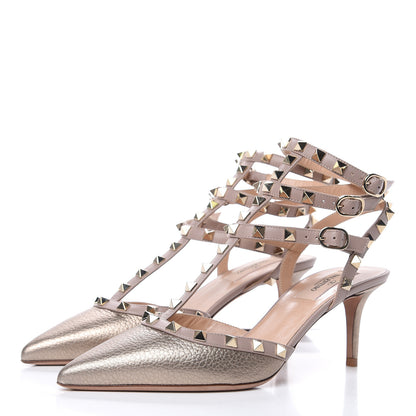 Valentino Garavani Metallic Pebbled Calfskin Rockstud Ankle Strap 65mm Pumps 39 Sasso Poudre 3 of 9