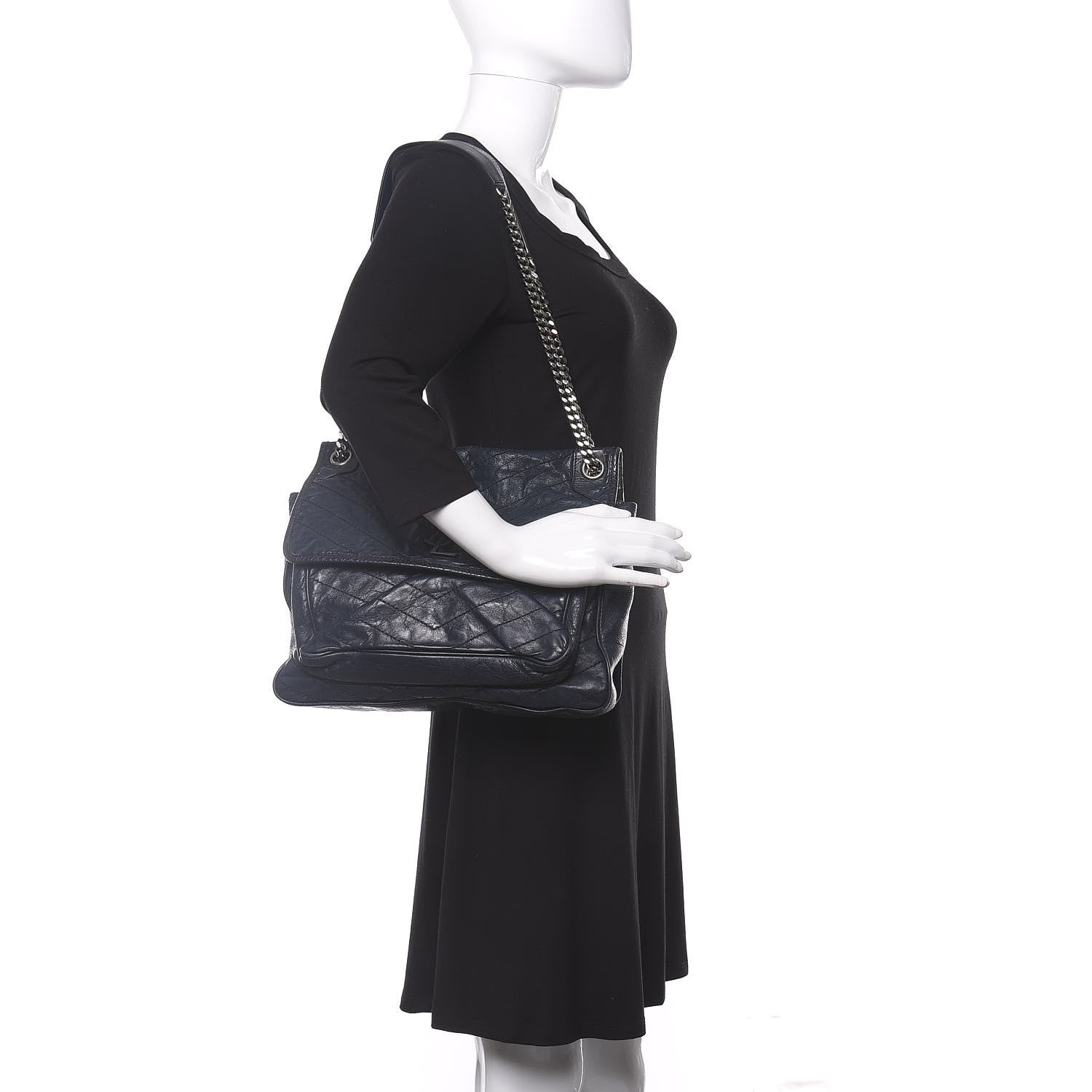Saint Laurent Crinkled Calfskin Matelasse Monogram Large Niki Chain Satchel Deep Marine 2 of 12