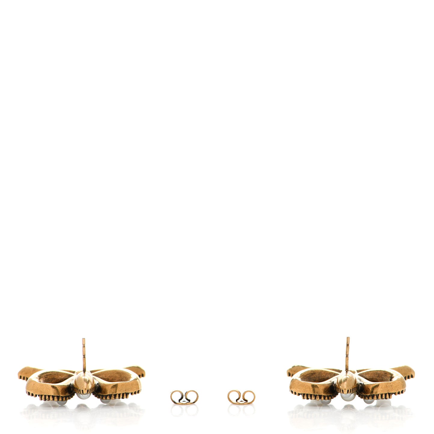 Metal Crystal Resin Pearl Feline Bow Earrings Aged Gold