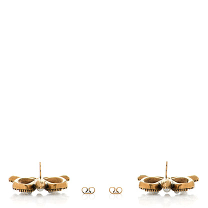 Gucci Metal Crystal Resin Pearl Feline Bow Earrings Aged Gold 3 of 5