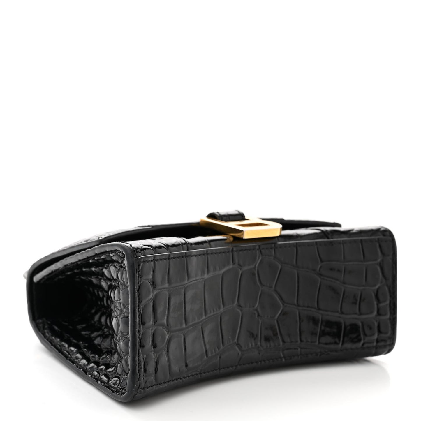 Shiny Calfskin Crocodile Embossed Hourglass Top Handle Bag XS Black
