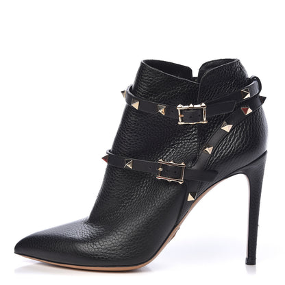 Valentino Garavani Pebbled Calfskin Rockstud Double Buckle 100mm Ankle Boots 38 Black 1 of 10
