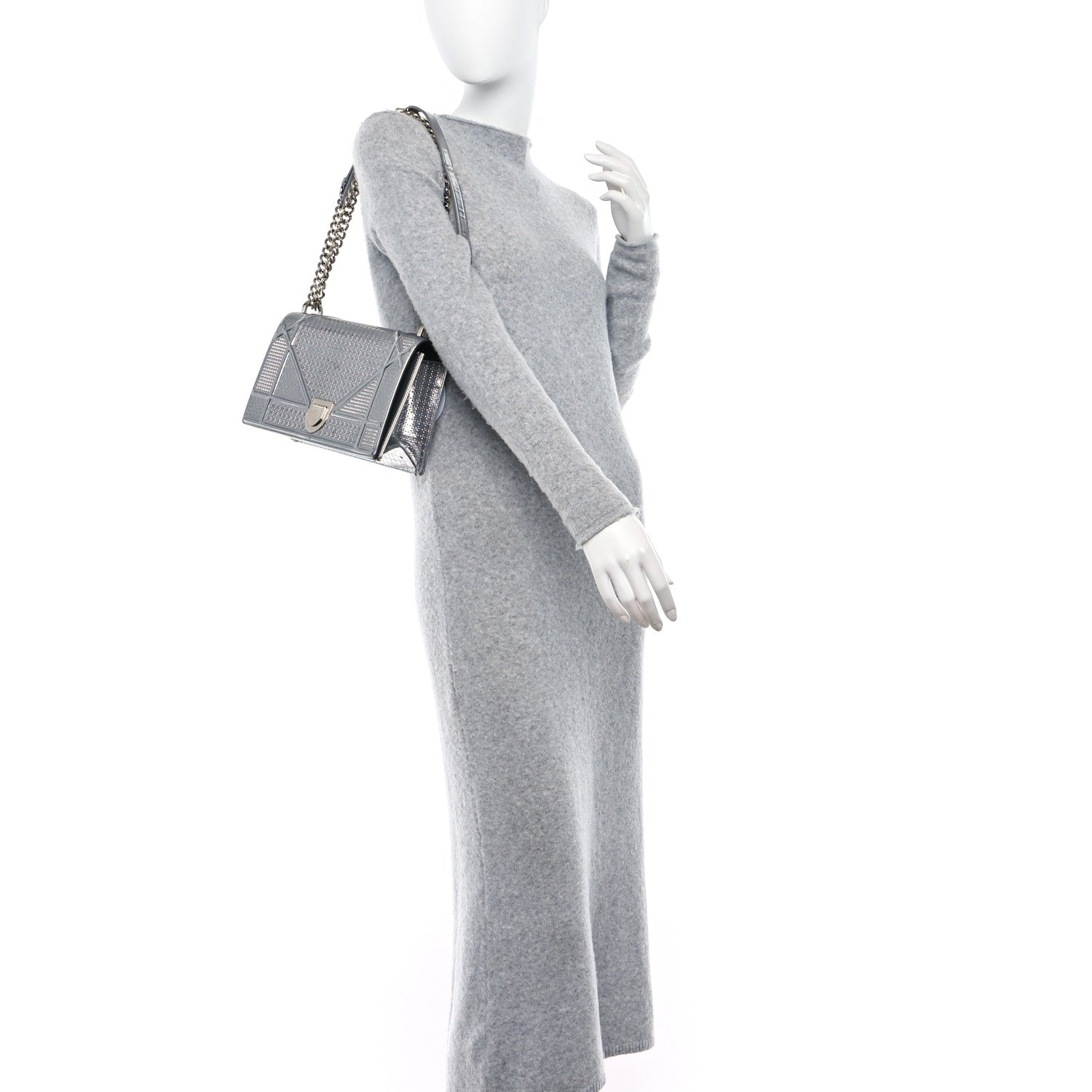 Christian Dior CHRISTIAN DIOR Metallic Patent Micro-Cannage Medium Diorama Flap Bag Silver 2 of 9