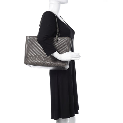Saint Laurent Sheepskin Matelasse Chevron Large Monogram Shopping Bag Light Coal 2 of 9