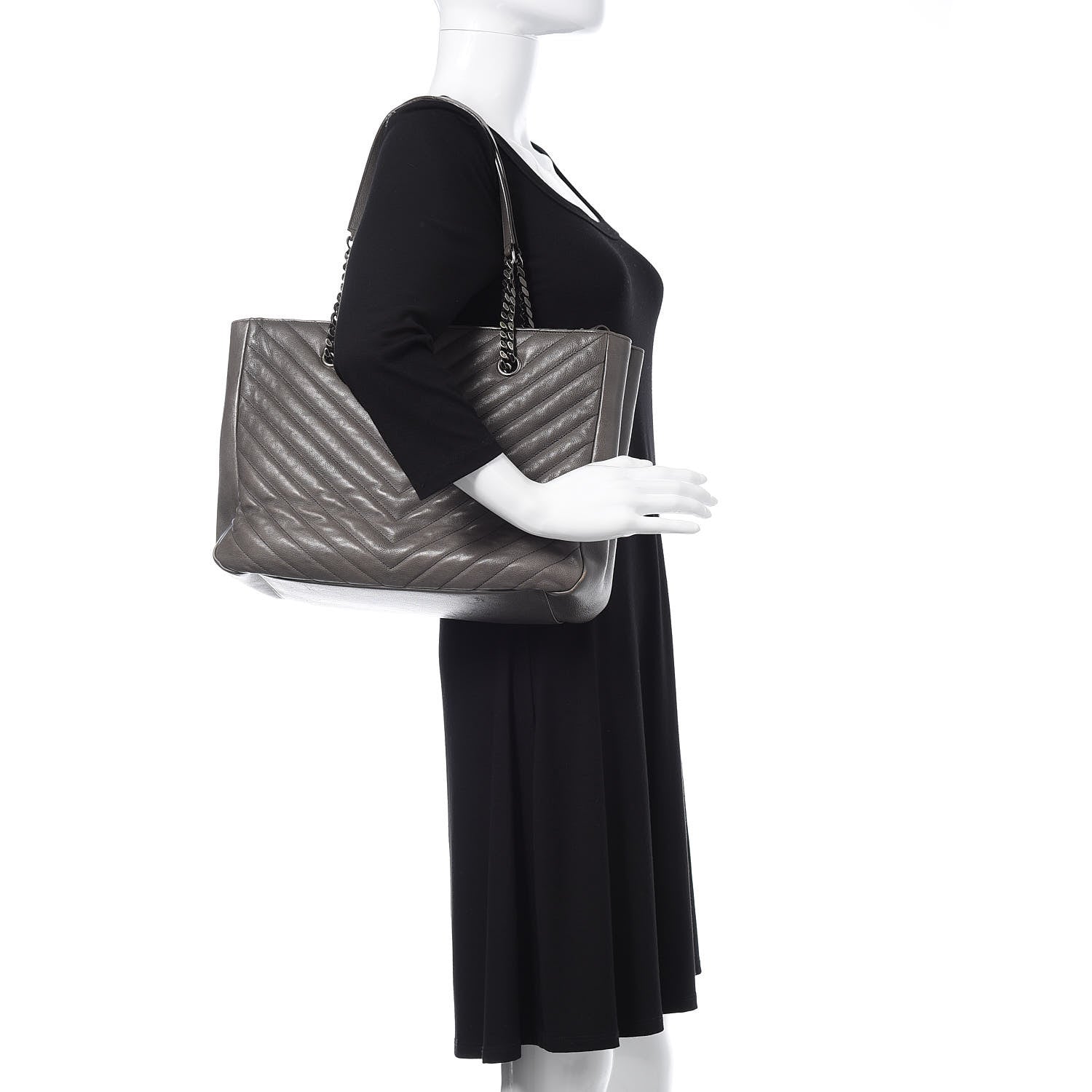 Saint Laurent Sheepskin Matelasse Chevron Large Monogram Shopping Bag Light Coal 2 of 10