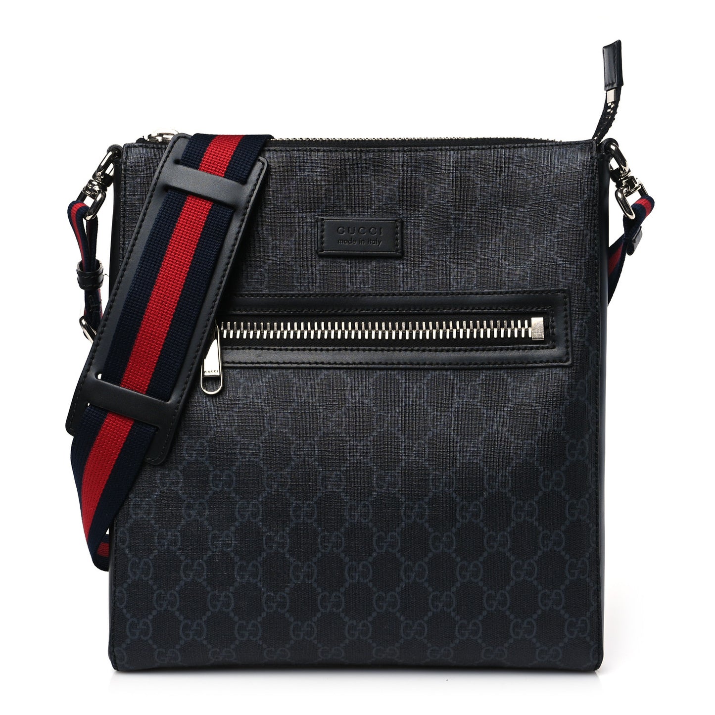 GG Supreme Monogram Appia Calfskin Web Flat Messenger Bag Black Grey