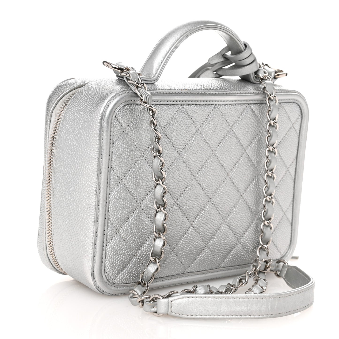 Metallic Caviar Quilted Medium CC Filigree Vanity Case Silver