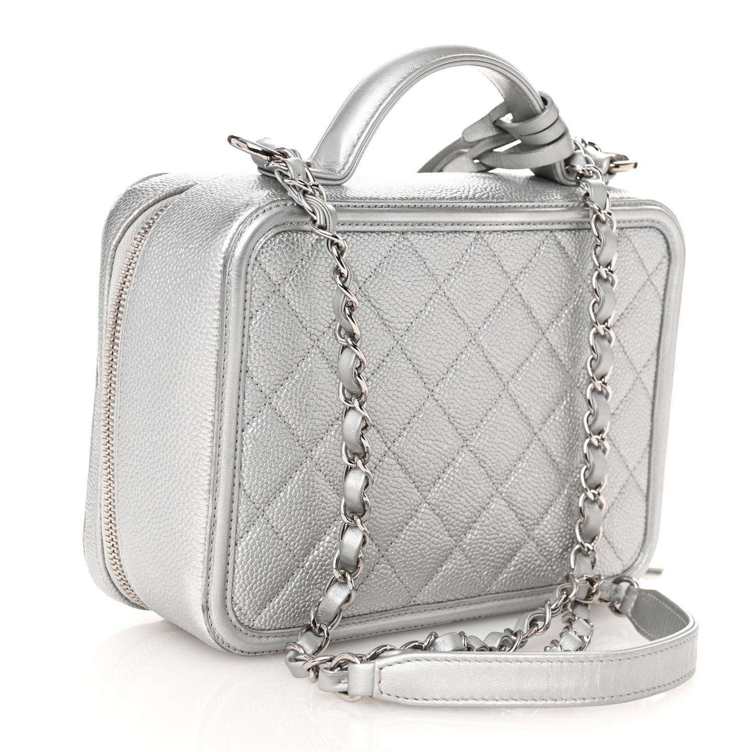 Chanel Metallic Caviar Quilted Medium CC Filigree Vanity Case Silver 3 of 10