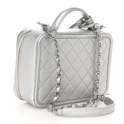Chanel Metallic Caviar Quilted Medium CC Filigree Vanity Case Silver 3 of 10