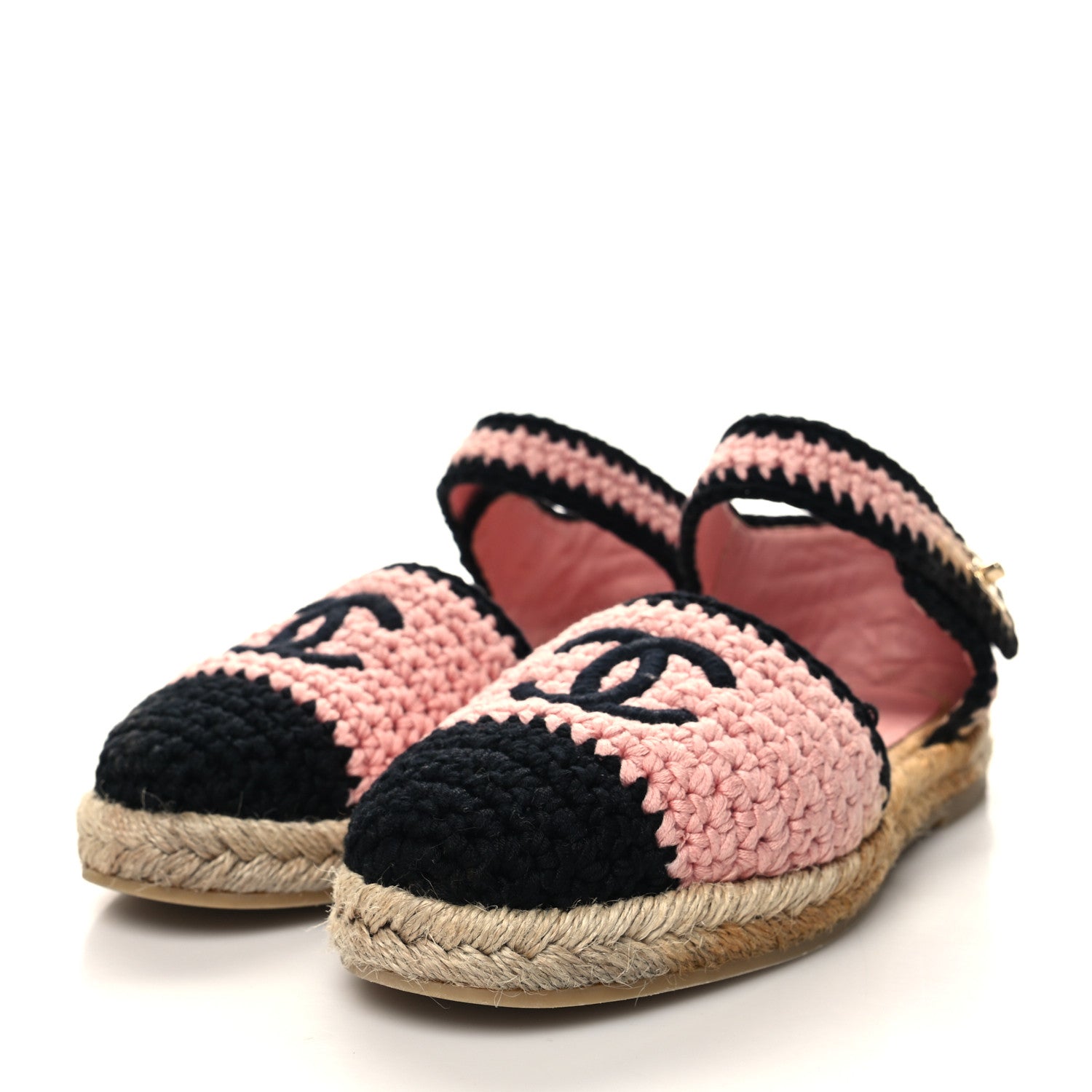 Chanel Braided Knit Cap Toe CC Ankle Strap Espadrilles 36 Light Pink Black 3 of 8
