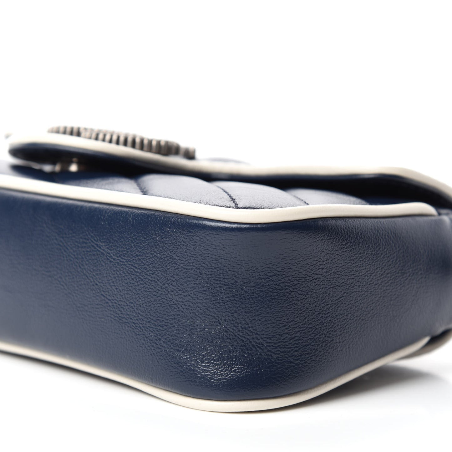 Vintage Effect Calfskin Matelasse Diagonal Super Mini Torchon GG Marmont Shoulder Bag Blue Agata Mystic White