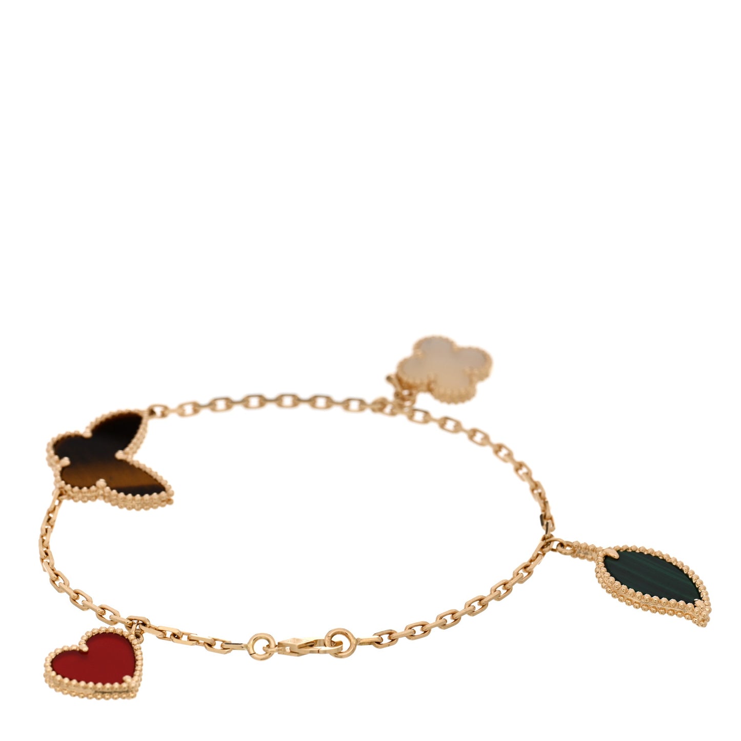 VAN CLEEF & ARPELS 18K Yellow Gold Mother of Pearl Malachite Carnelian Tiger Eye 4 Motifs Lucky Alhambra Bracelet