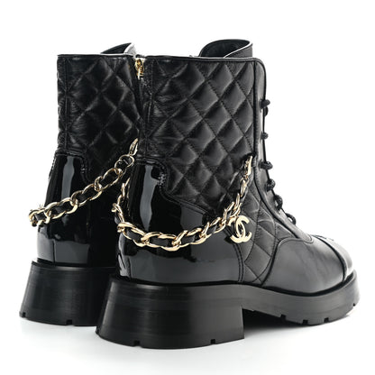 Chanel Shiny Calfskin Patent Quilted Chain Lace Up Combat Boots 38 Black 4 of 8