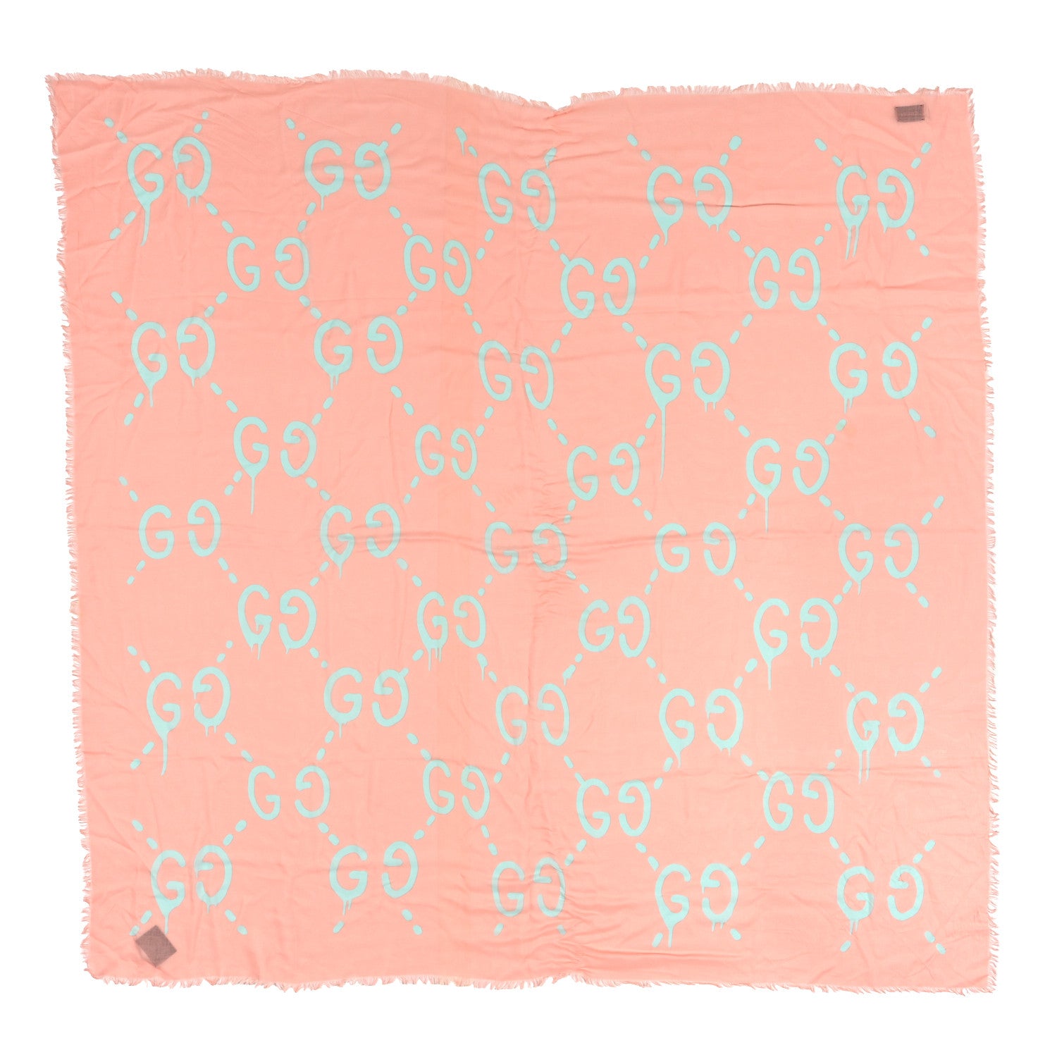 Gucci Modal Silk GG Writers Fringe Shawl Old Rose Sky Blue 1 of 3