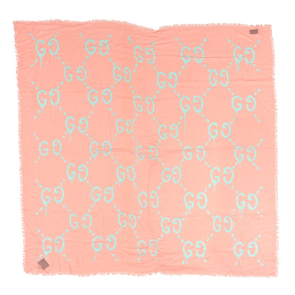 Gucci Modal Silk GG Writers Fringe Shawl Old Rose Sky Blue 1 of 3