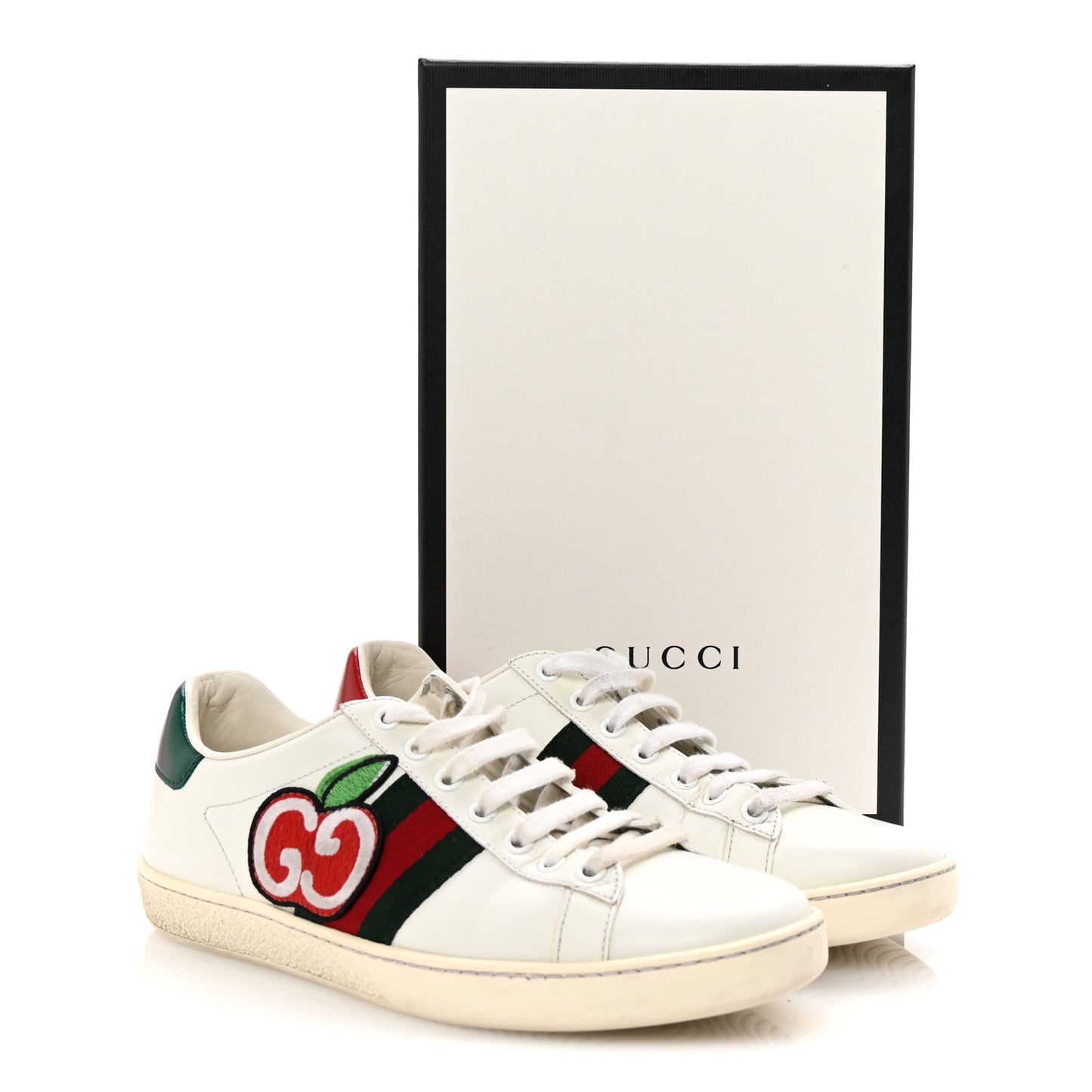 Calfskin Web GG Apple Embroidered Womens Ace Sneakers 38 White