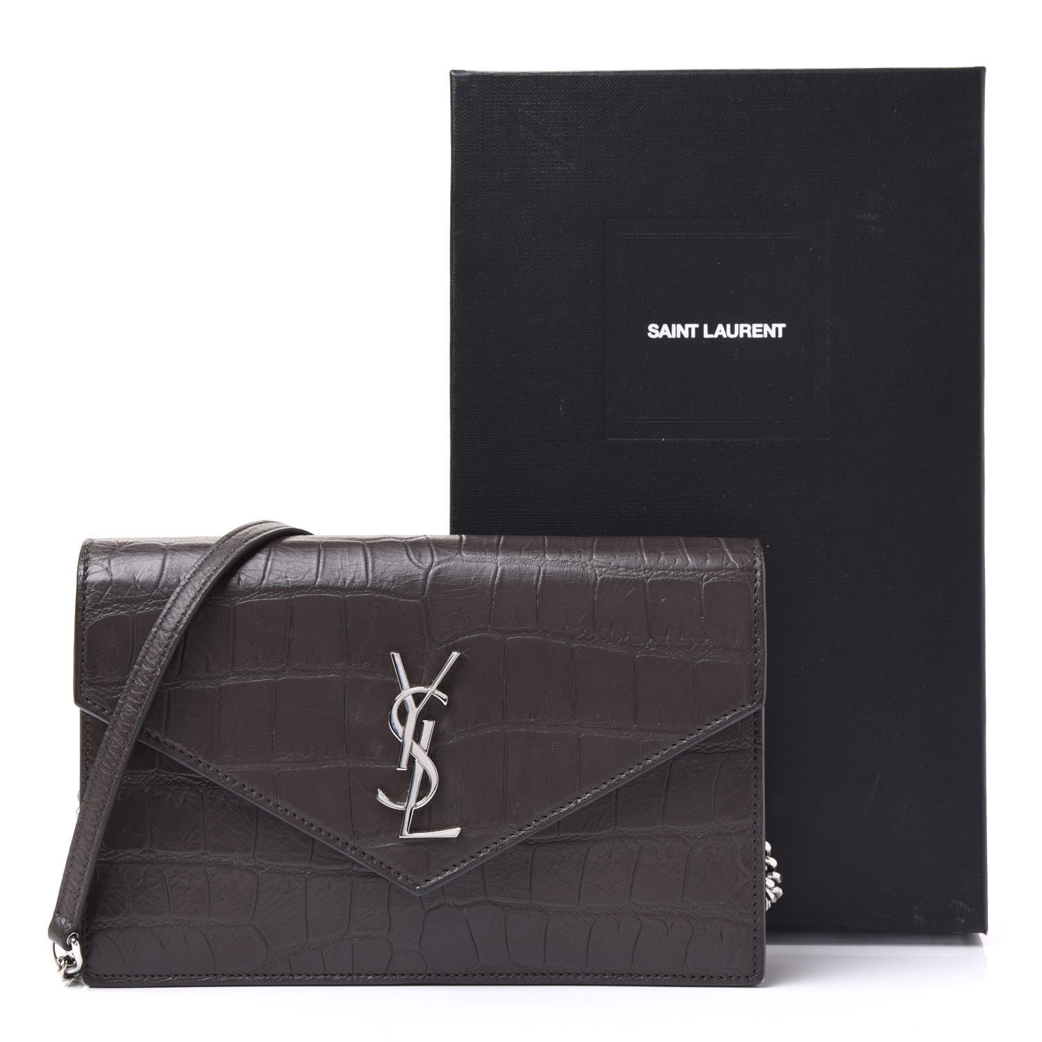 Saint Laurent SAINT LAUREN Croc Embossed Monogram Envelope Chain Wallet Dark Anthracite 10 of 10