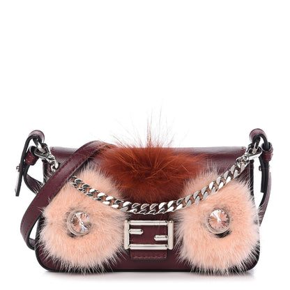 Fendi Shiny Nappa Mink Fox Fur Crystal Micro Buggie Baguette Bordeaux Rust Multicolor 1 of 9