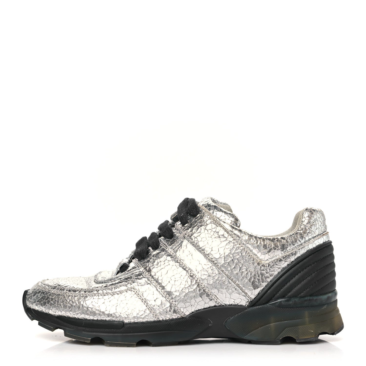 Chanel Metallic Crackled Calfskin CC Sneakers 39.5 Silver Black Navy 1 of 9