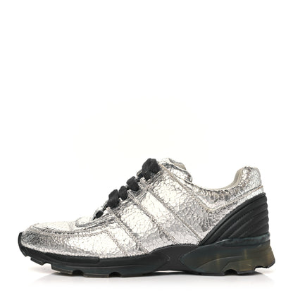 Chanel Metallic Crackled Calfskin CC Sneakers 39.5 Silver Black Navy 1 of 9