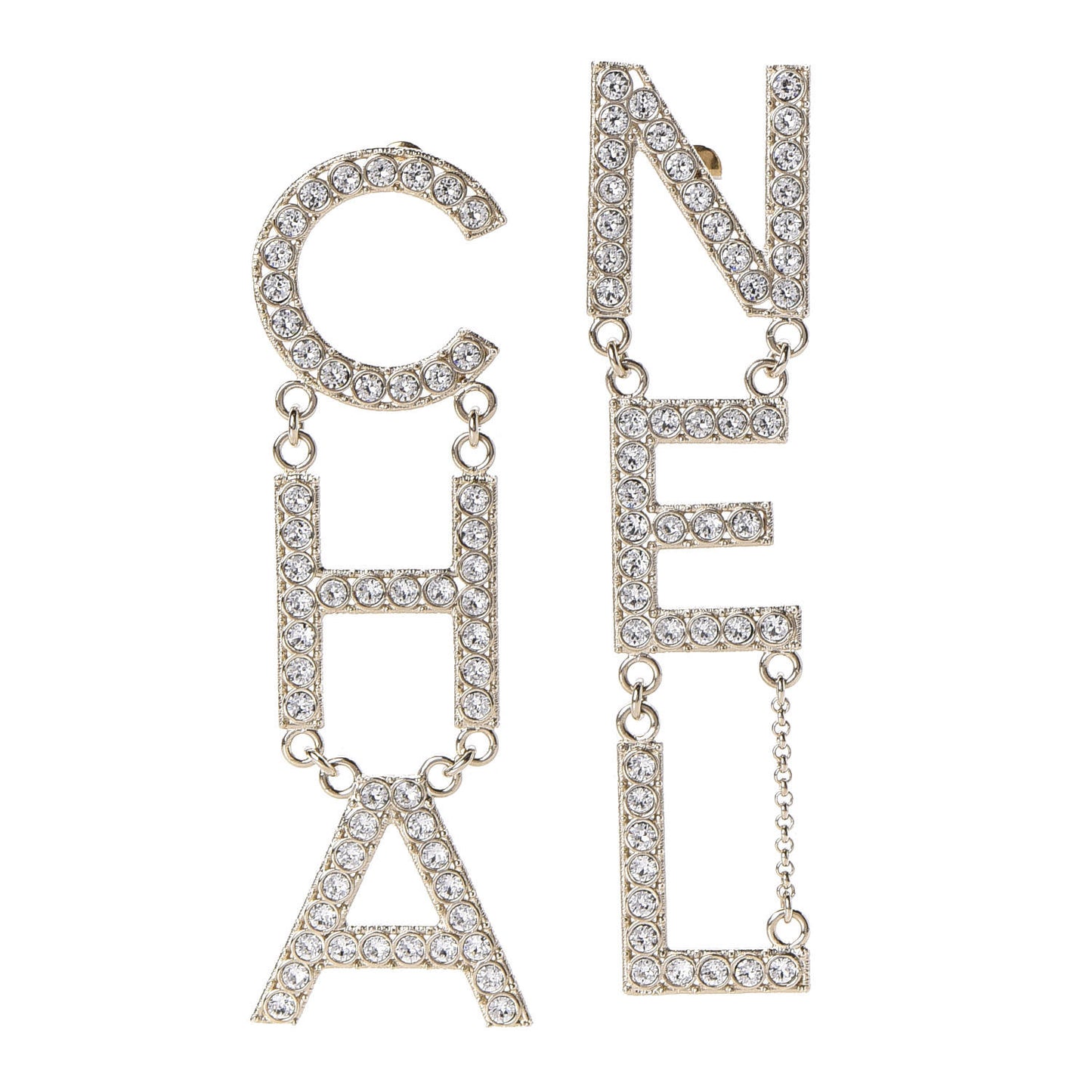 Crystal Cha-Nel Logo Drop Earrings Gold