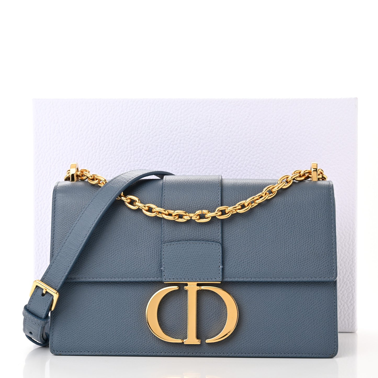 Grained Calfskin Embossed 30 Montaigne Chain Flap Bag Blue