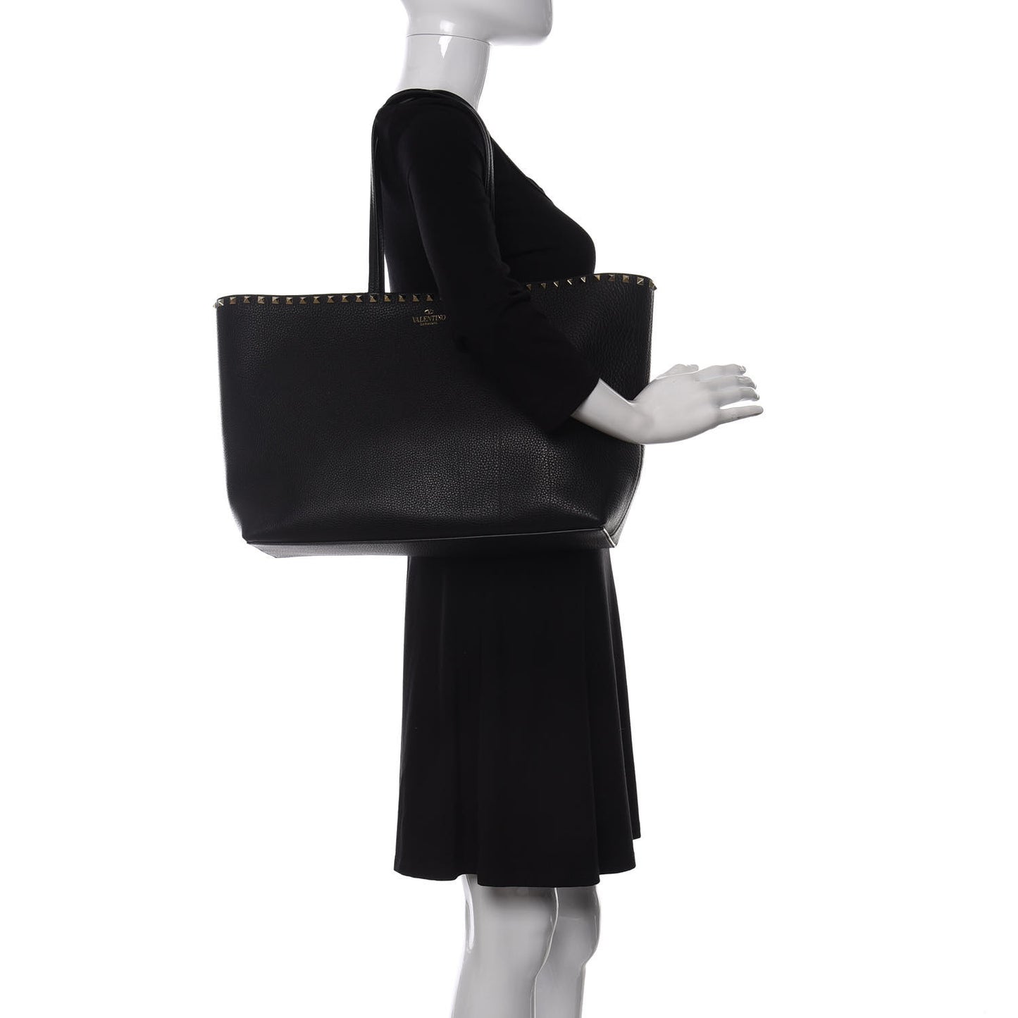 Grained Calfskin Rockstud Shoulder Tote Black