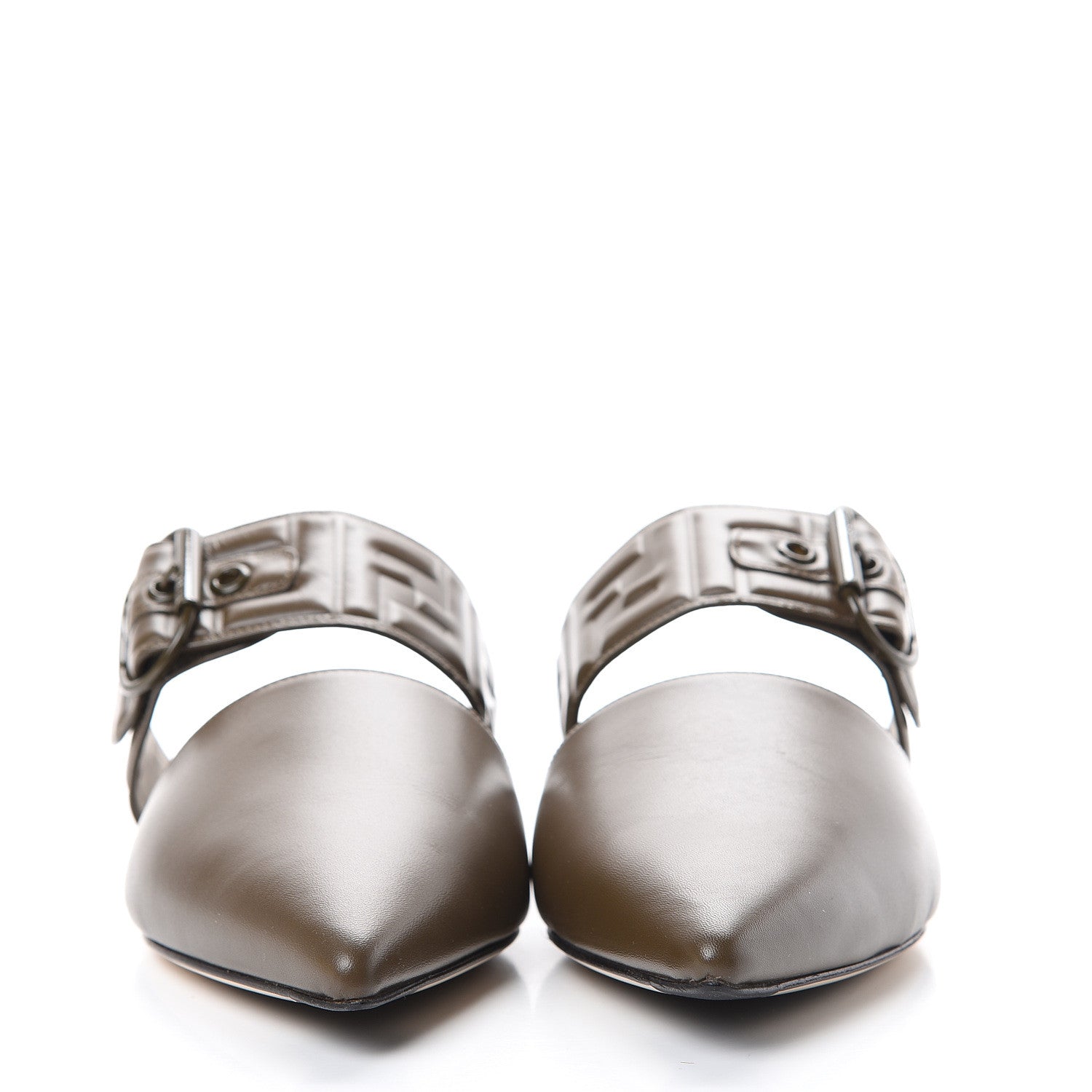 Fendi Vitello FF Embossed Buckle Flat Mules 39.5 Wood 2 of 10