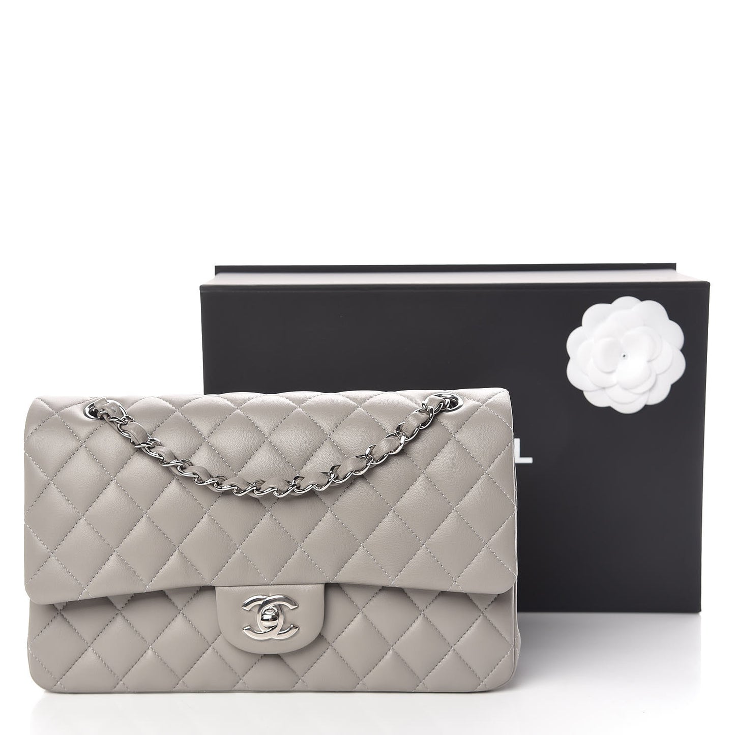 Lambskin Quilted Medium Double Flap Grey