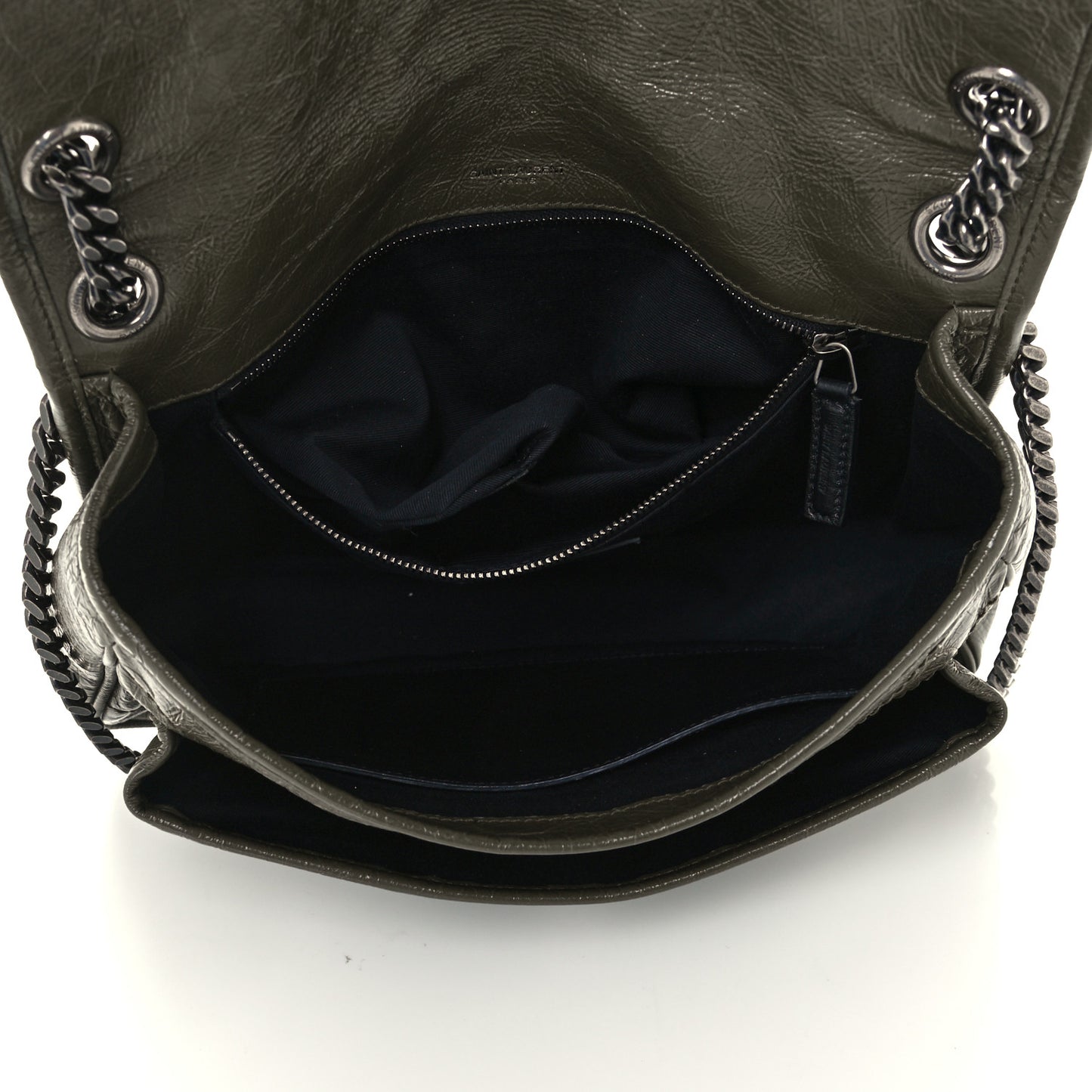 Crinkled Calfskin Matelasse Monogram Medium Niki Chain Satchel Military Olive