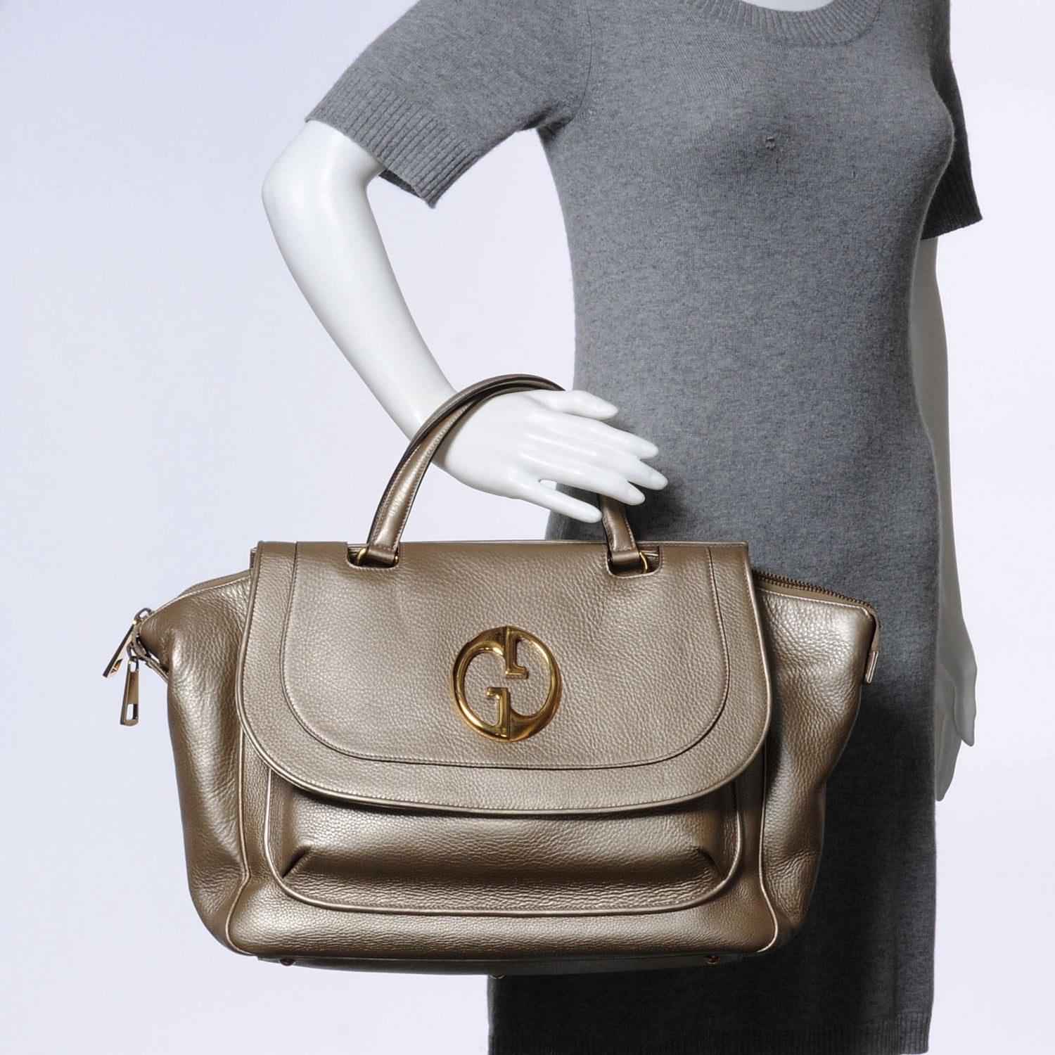 Gucci Metallic Pebbled Calfskin Medium 1973 Top Handle Satchel Golden Beige 2 of 8