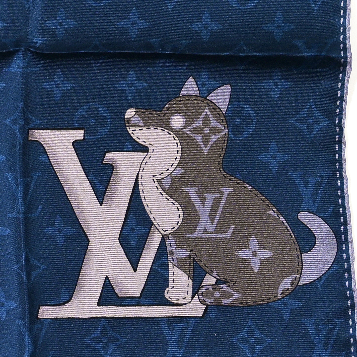 Monogram Silk Dog Pocket Square Blue