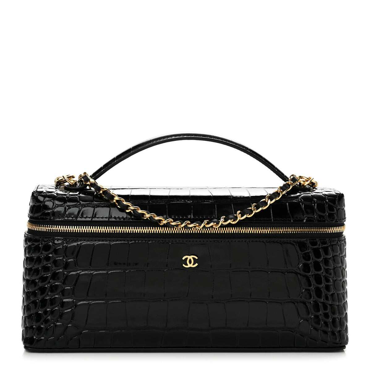 Calfskin Crocodile Embossed Crococo Exoticoco Long Vanity With Chain Black