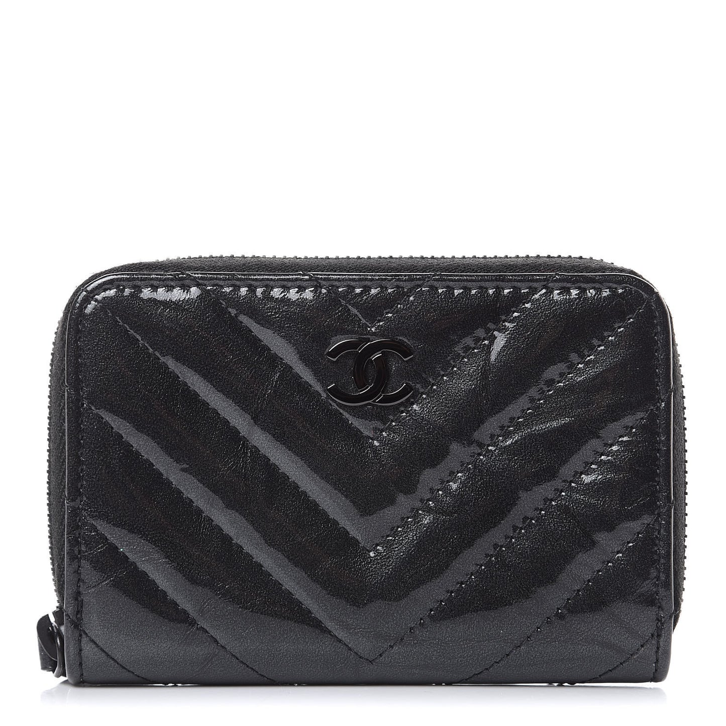Patent Metallic Crumpled Calfskin Chevron Quilted Coin Purse So Black