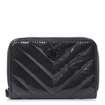 Chanel Patent Metallic Crumpled Calfskin Chevron Quilted Coin Purse So Black 1 of 8