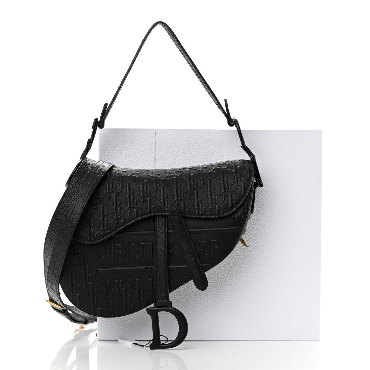 Calfskin Embossed Oblique Saddle Bag With Strap Black
