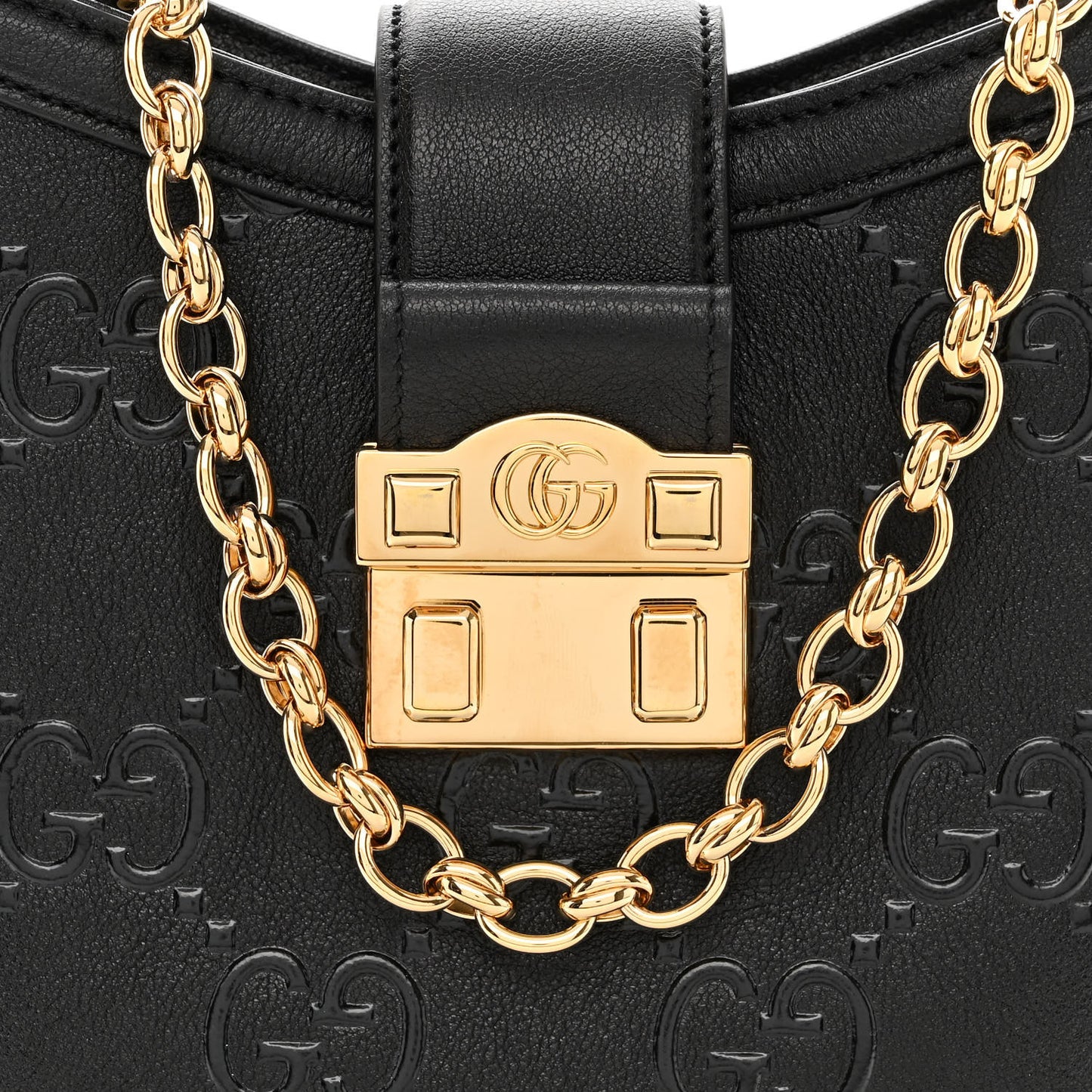 Wonka Grain Calfskin GG Monogram Debossed Small Padlock Shoulder Bag Black